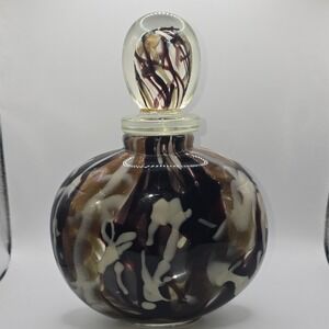 Vintage Handblown Swirled White, Gold and Brown Glass Perfume Bottle.